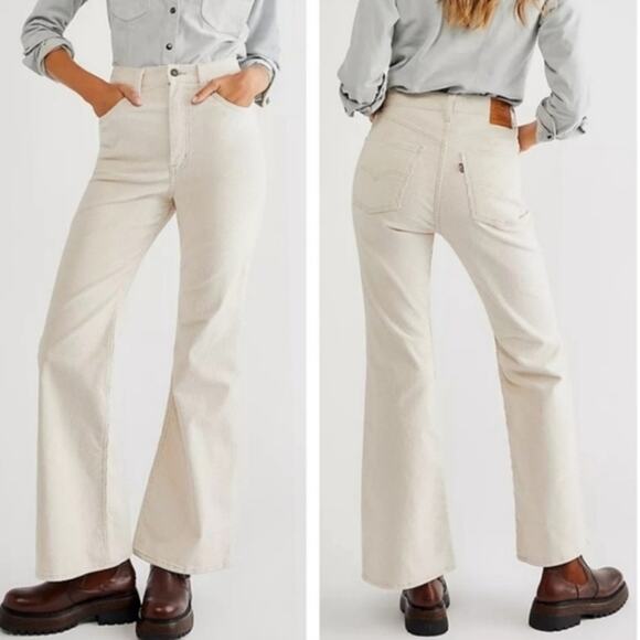 Levi’s 70s High Rise Flare Corduroy Pants 26 Cream Wide Leg Vintage Inspired - Picture 1 of 11
